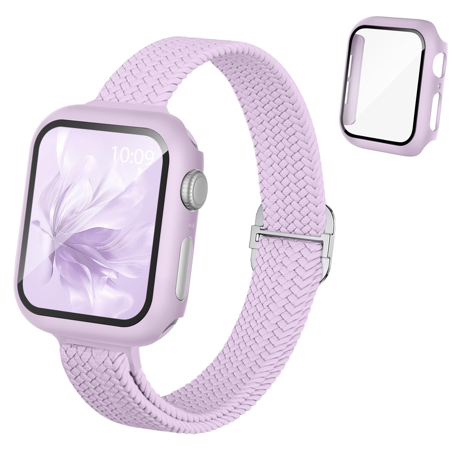 Slim Braided Stretchy Band and Case Compatible for Apple Watch Bands Women 40mm 41mm 42mm 44mm 45mm 46mm, Thin Nylon Solo Loop Protective Cover and Screen Protector for iWatch Series 11/10/9/8/7/6/5/4