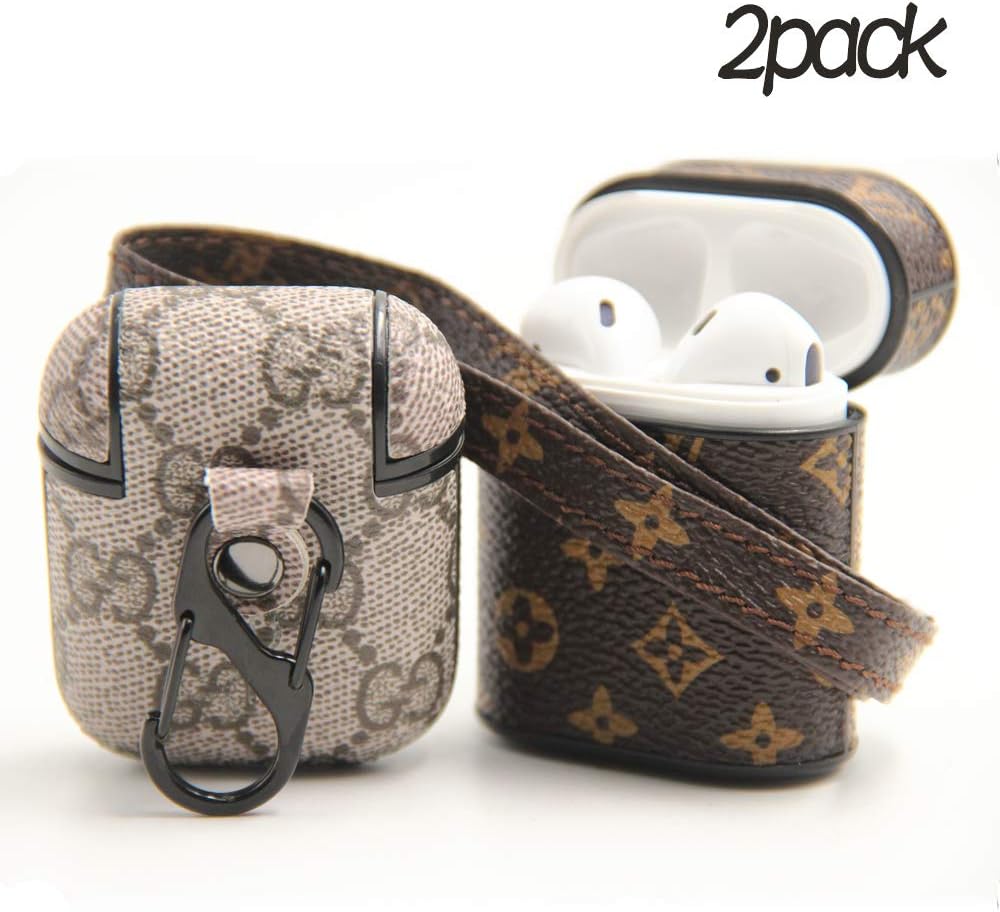 AirPod Case Cover Compatible with Airpods 2and1,ECCOL Cool Skin Designer Fashion Chic Keychain AirPod Leather Case Luxury Elegant Wireless AirPods Accessories for Girls Ladies Men 2Pack. (Brown)