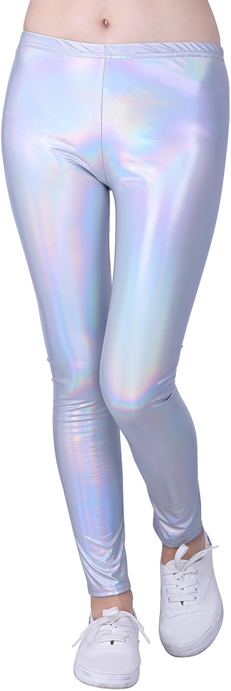 HDE Girls Shiny Wet Look Leggings Kids Liquid Metallic Footless Tights (4T-12): Clothing