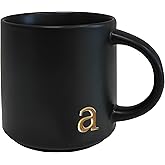 COLLECTIVE HOME - Black Monogram Ceramic Mugs, 15 oz Golden Initial Coffee Cups, Elegant Alphabet Tea Mugs, Personalized Halloween Mug with Gift Box, Perfect for Office and Home Décor (a)