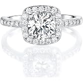 MDFUN 18K White Gold Plated Halo CZ Engagement Wedding Rings for Women | Cushion Cut Cubic Zirconia Bridal Rings , Stackable Promise Rings for Her