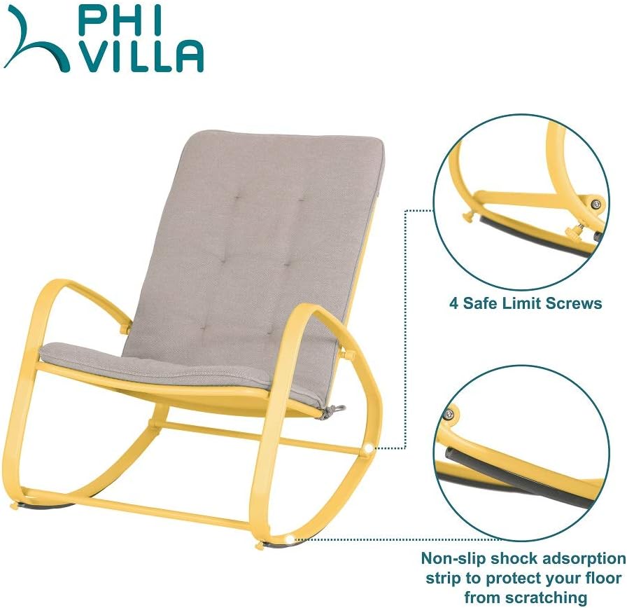 PHI VILLA Outdoor Patio Metal Rocking Chair, Padded Modern Rocker Chairs with Cushion, Support 300lbs for Porch, Deck, Balcony or Indoor Use (1 Pack, Yellow): Furniture & Decor