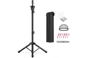 Retbtnm Wig Head Stand 50 Inches, Height Adjustable Tripod Wig Stand, Salon Mannequin Head Stand with Anti-Slip Base for Styling, Wig Display Barber Training, Beauty School​ (Black)