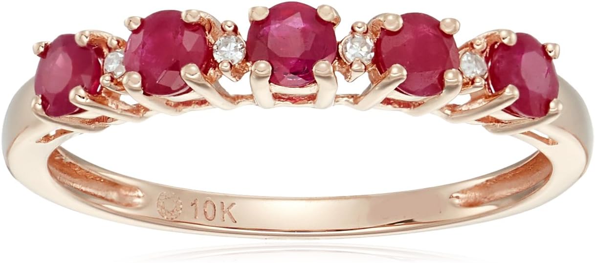 Pinctore10k Rose Gold Genuine Burmese Ruby and Diamond Accented Stackable Ring, Size 7