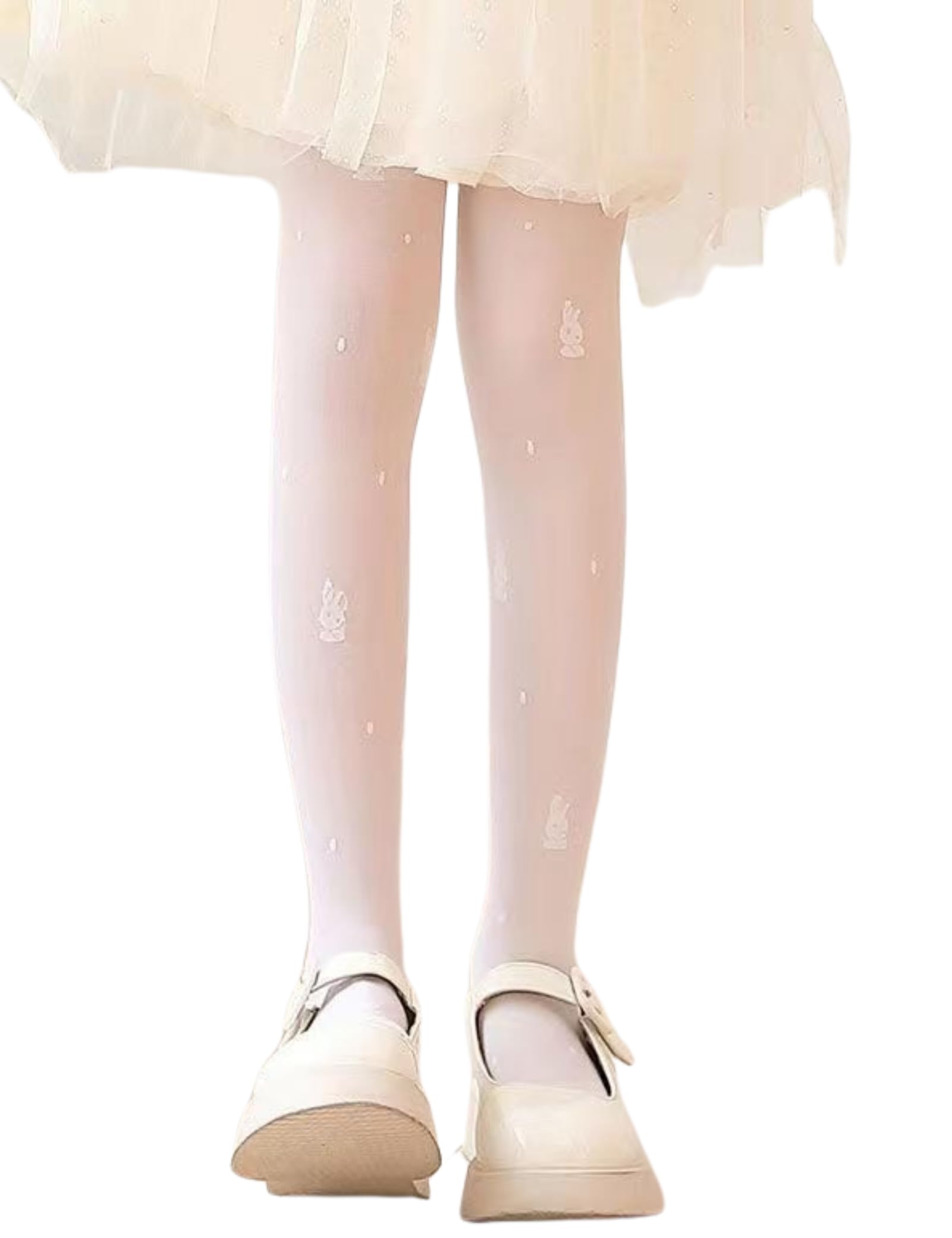 Photo 1 of Aesphelia Girls Rabbit Print Tights White Soft Stockings Breathable Stretchy Pantyhose for Ages 8-12 Cute Bunny Printed Hosiery for Kids
