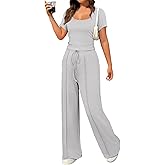 BB&KK Women's Summer 2 Piece Outfits Square Neck Short Sleeve Tops High Waisted Wide Leg Pants Casual Matching Sets