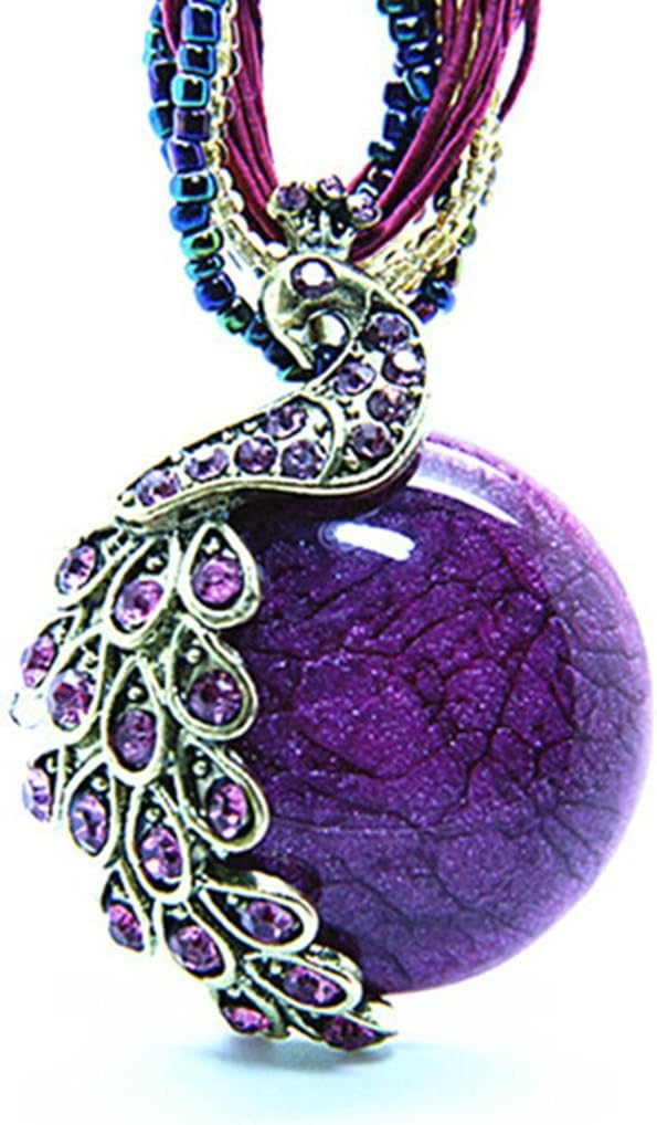 Beydodo Women Bohemian Statement Necklace Round Resin Peacock Pendant Twisted Bead Bungee Cord Colorful Zircon