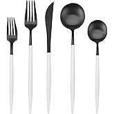 Matte Black Silverware Set with white handle, Bysta 5-Piece Stainless Steel Flatware Set, Kitchen Utensil Set Service for 1, Tableware Cutlery Set for Home and Restaurant, Dishwasher Safe