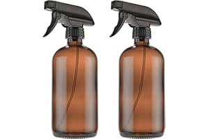 THETIS Homes Glass Spray Bottle - 2 Pack (16oz) Empty Amber Pump Bottles, Refillable Container with Trigger Sprayers, Caps an