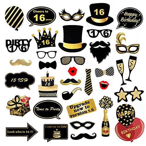 Veewon 16th Birthday Party Photo Booth Props Funny Birthday Celebration Decoration Supplies - 35 Count