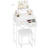 19.7"W Small White Makeup Vanity Desk with Mirror and Light, Chair | Mini Vanity Set Table with Stool, Smart Adjustable Lighted Mirror for Kids, Girls, Bedroom, Corner, Small Space