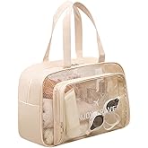 DAPOWER Travel Toiletry Bag for Women and Men, Large Shower Bag for Traveling/Gym, Clear Beach Tote Waterproof Sandproof (Beige)