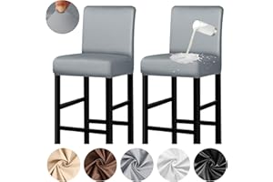 Lebaley 2PCS Pub Counter Stool Chair Covers，Waterproof Counter Height Bar Stool Chair Covers PU Bar Stool Covers Barstool Slipcovers with Back Bar Stool Seat Covers Square Pub Chair Slipcovers（Grey）