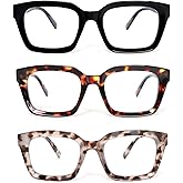 KoKoBin 3 Pack Reading Glasses Women Oprah Style Square Blue Light Blocking Oversized Fashion Large Eyeglasses