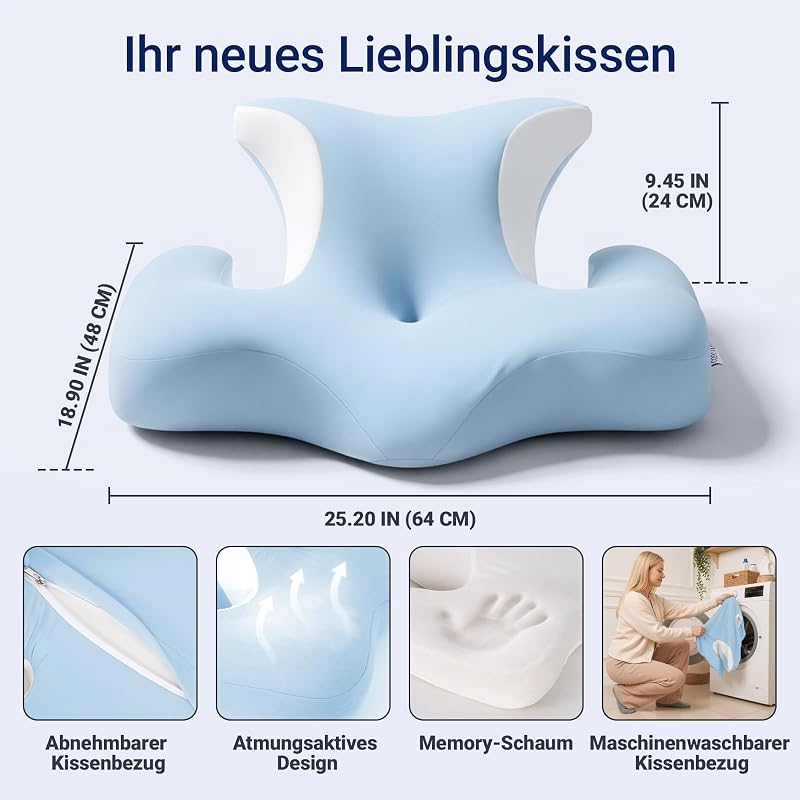 Nackenstützkissen aus Memory-Schaum – orthopädisches ergonomisches Schmetterlingskissen mit Ohrloch & Armauflage, Kopfkissen für Seitenschläfer, waschbarer Bezug, Himmelblau