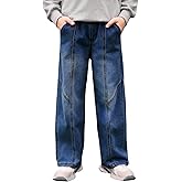 Haloumoning Boys Wide Leg Jeans Kids Casual Straight Baggy Denim Pants with Pockets 5-14 Years
