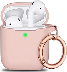 AirPods Case Cover Keychain, Full Protective Silicone AirPods Accessories Skin Cover for Women Girl with Apple AirPods Wireless Charging Case,Front LED Visible-Pink Sand