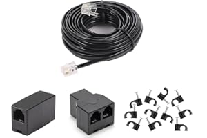 MENEWSTART Long Telephone Extension Cord 20FT, Black, Phone Cable Line Wire with Standard RJ11 Plug, 1 Phone Line Splitter, 1 in-line Coupler and 15 Cable Clip Holders for Telephone Calling Communication