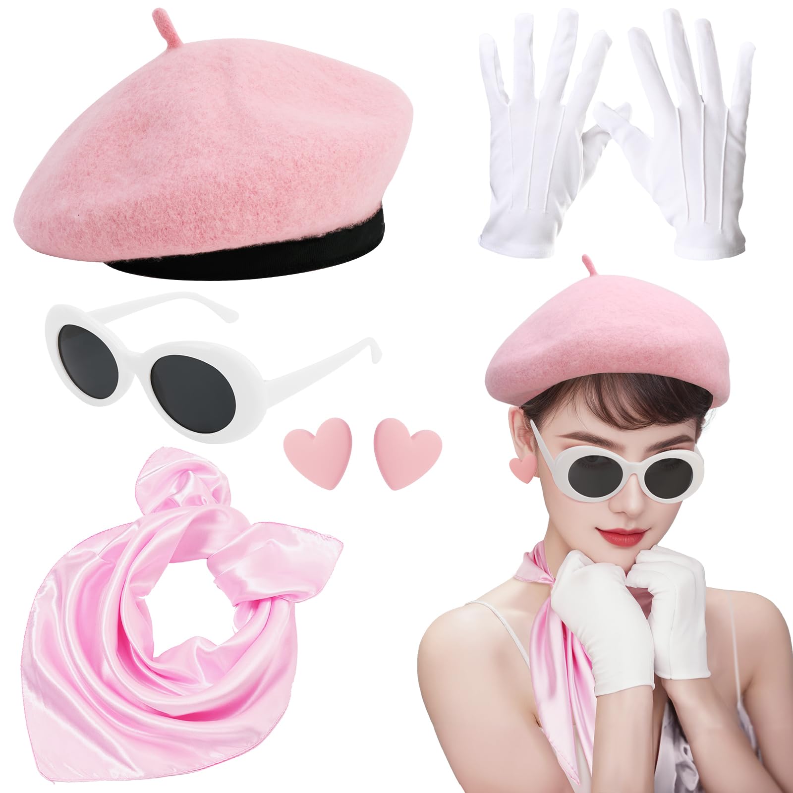XEPST 6PCS French Set - 50s Fancy Dress With Beret Hat, Sunglasses, Scarf, Gloves, Earrings - Women's Costume Kit for Halloween, Cosplay, Carnival, Light Pink