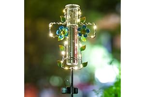 Venniy Solar Rain Gauge Outdoor with LED Lights,7” Glass Tube Rain Gauge Yard Decorative,Cross Rain Guage Freeze Proof for Garden Patio Lawn