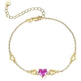 SHINYKEND Pink Heart Bracelet for Women, 925 Sterling Silver Plated 18K Gold Crushed Ice Flower Cut CZ Heart Pendant Bracelet, Jewelry Anniversary Birthday Gift for Wife Mam Daughter 7+2 Inch