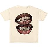 QJQ Women's Graphic Tees Short Sleeve Crewneck Lips Print T Shirts Casual Trendy Summer Y2k Tops