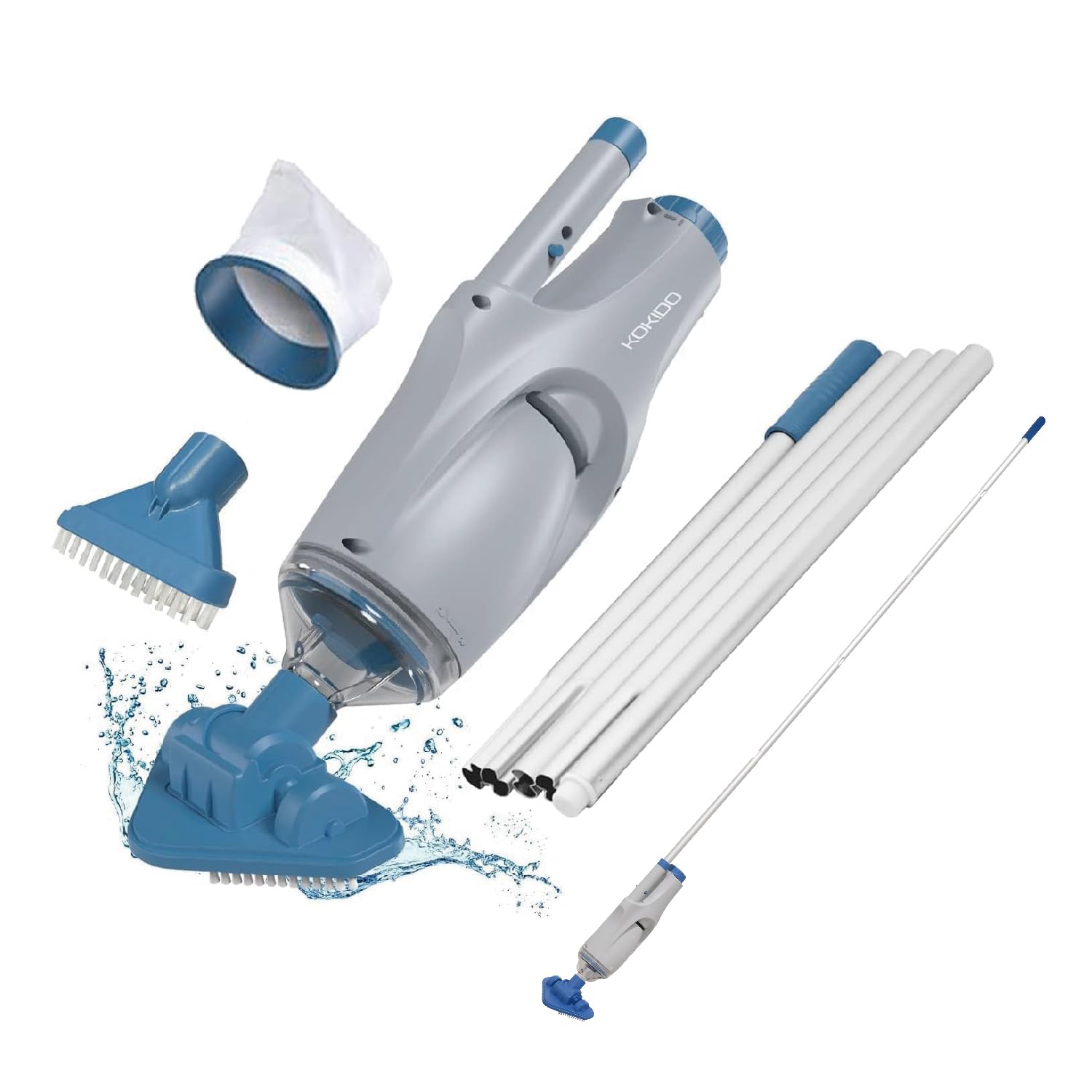 Photo 1 of KOKIDO (2025) Rechargeable Handheld Pool Vacuum, Aluminum Pole and 2 Brush Heads, 10GPM flowrate Ideal for Pools up to 20ft, Cordless 60 mins Spot Cleaning, Above Ground Pool, Hot Tub & Spa XV110