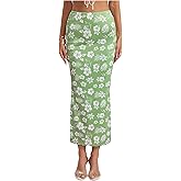 SHENHE Women's Summer Low Rise Floral Maxi Skirt Slit Elastic Waist Bodycon Long Skirt