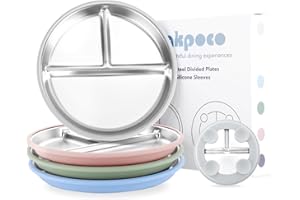 Bakpoco Stainless Steel Suction Plates for Toddlers, 9" Divided Kids Baby Plates with Removable Silicone Suction, Non Toxic Non Slip Portion Control Snack Dishes 4 Packs, Blue Green Gray Pink
