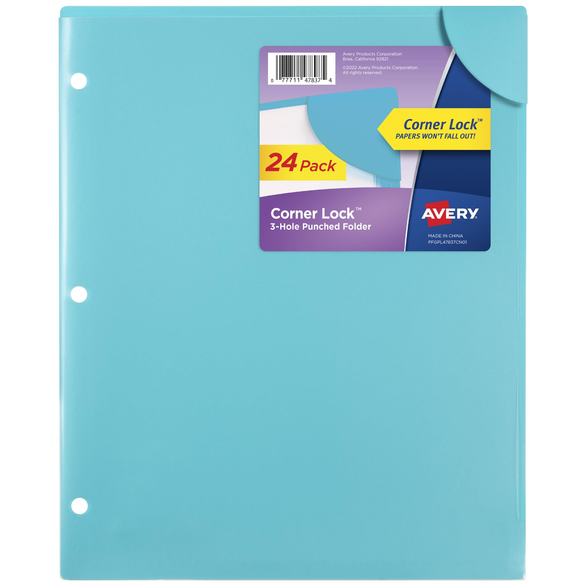 Avery Corner Lock Binder Pockets for 3 Ring Binders, Aqua Blue with Clear Front, for 8.5" x 11" Documents, Acid-Free and Archival-Safe, Binder Folders (24-Pack of 47837) Image