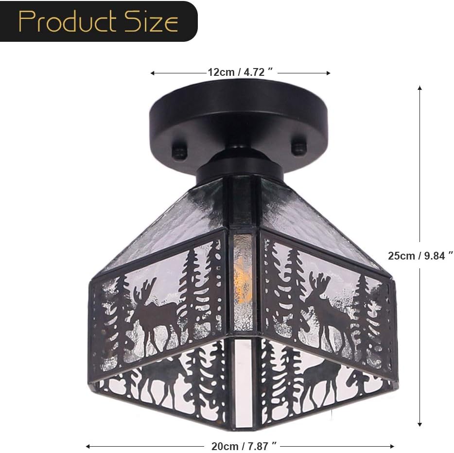 FUNME Copper Deer Ceiling Light with Stone Grain Glass Ceiling lamp Shade for Corridor Aisle Staircase Entrance, 8''(Black) - - 