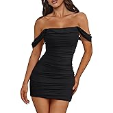 Trendy Queen Womens Mesh Off The Shoulder Ruched Mini Dresses Summer Party Bodycon Short Dress