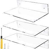 Jansburg 12 Inch L-Shaped Acrylic Floating Shelf Clear Wall Mounted Shelves Invisible 5MM Thick Shelf for Wall Storage Clear Shelves for Makeup Photo Picture Book Record Display 3 Pack