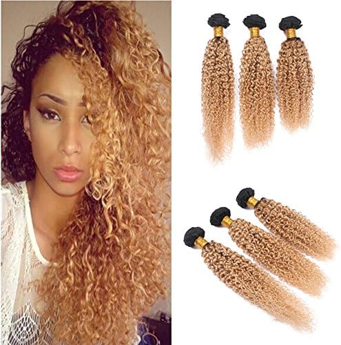 Ruma Hair #1B 27 Dark Root Ombre Brazilian Human Hair Weave Weft Extensions 3Pcs Lot 10-30'' Two Tone Honey Blonde Ombre Afro Kinky Curly Virgin Hair Bundles (26''28''30'')