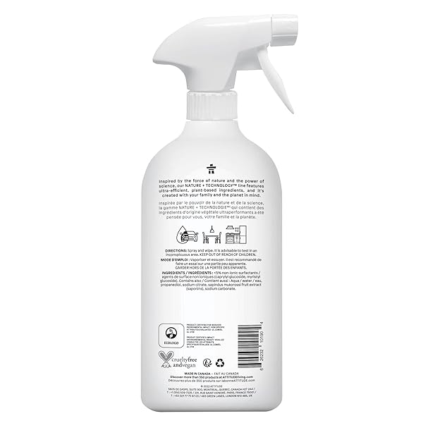 ATTITUDE ALL PURPOSE CLEANER SPRAY, EWG VERIFIED, VEGAN, MADE WITH 94% PLANT-BASED INGREDIENTS, STREAK-FREE FOR KITCHEN, BATHROOM, GLASS & MORE, UNSCENTED, 27.1 FL OZ
