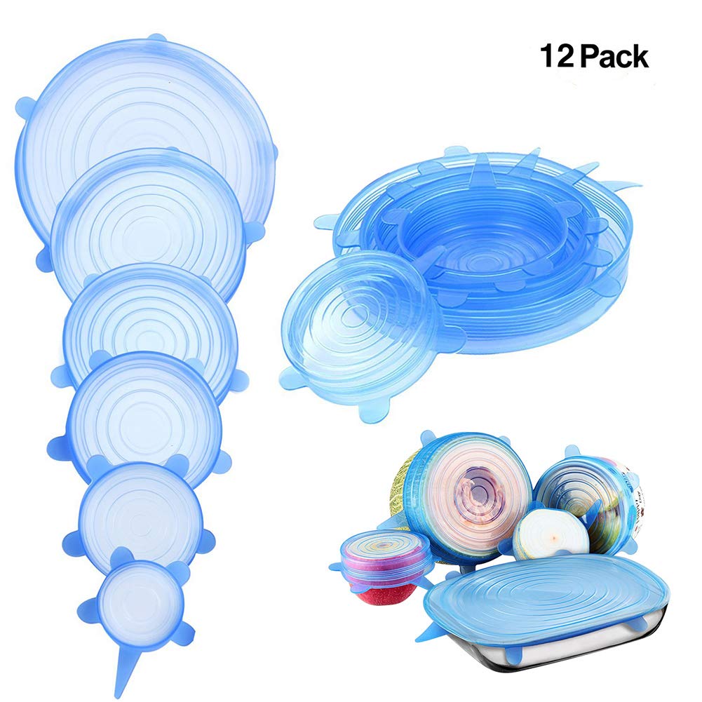 Silicone Stretch Lids, Reusable Silicone Bowl Lids Food Saver Covers Wrap Bowl Pot Cup Lid(12 Pack,Blue)