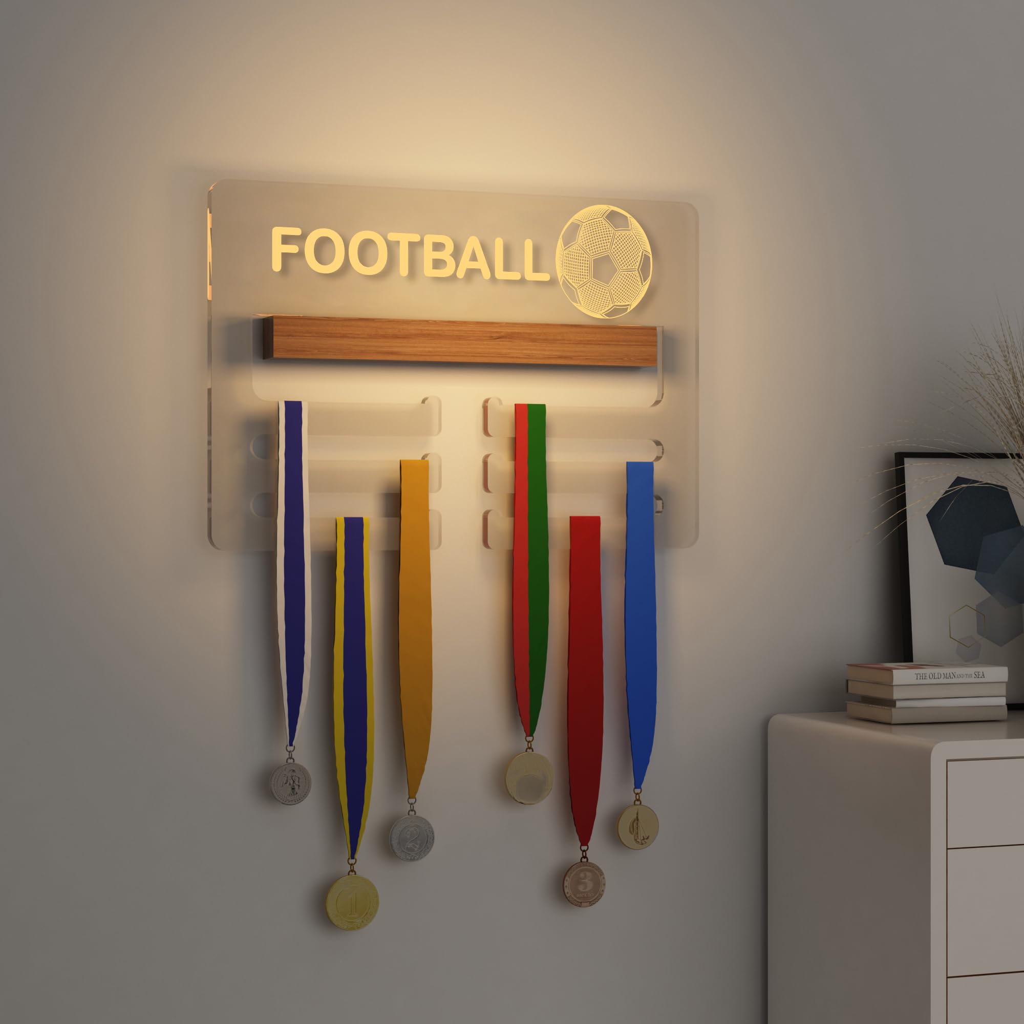 Ammonite Football Light up Medal Hanger Display, Holder Rack for Awards or Ribbons, Sports Themed Ribbon Holder for Wall, Tiered Award Rack