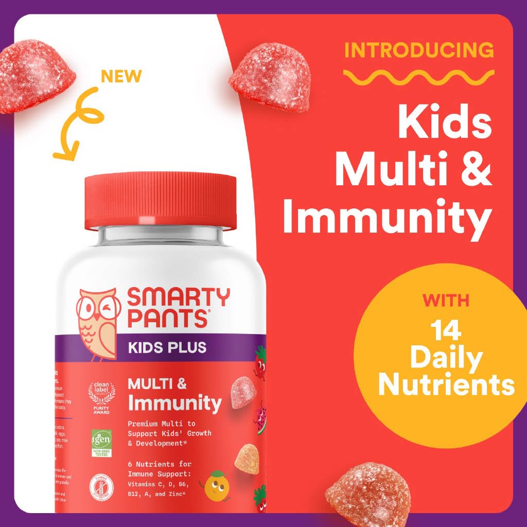 SmartyPants Kids Multivitamin & Immunity Gummies: Vitamins C, D, B6, B12, A, and Zinc for Immune Support, Biotin, Iodine, Gluten Free, Two Fruit Flavors, 60 Count (30 Day Supply)