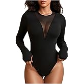 Milumia Women's Contrast Mesh Sheer Bodysuit Long Sleeve Crew Neck Leotards