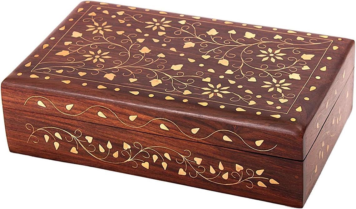 STORE INDYA Handcrafted Decorative Wooden Trinket Jewelry Box with Mughal Inspired Brass Inlay Floral Carvings Treasure Chest keepsake Boxes Jewellery Storage Organiser Great for Gifts - 20X13 CM