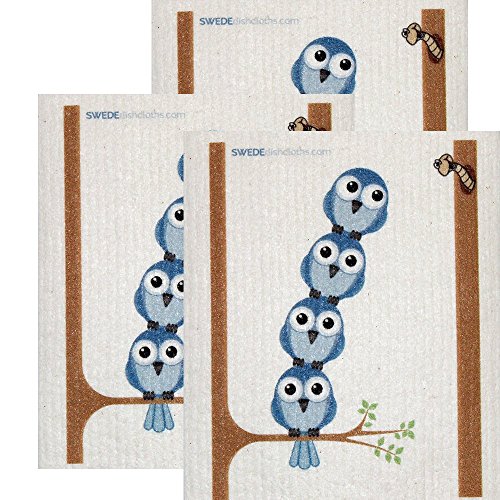 Swedish Dishcloth by SWEDEdishcloths | Set of 3 each Swedish Dishcloths Bluebirds in Tree Design | Eco Friendly Cleaning Absorbent Cloth Eco Friendly Cleaning Wipes