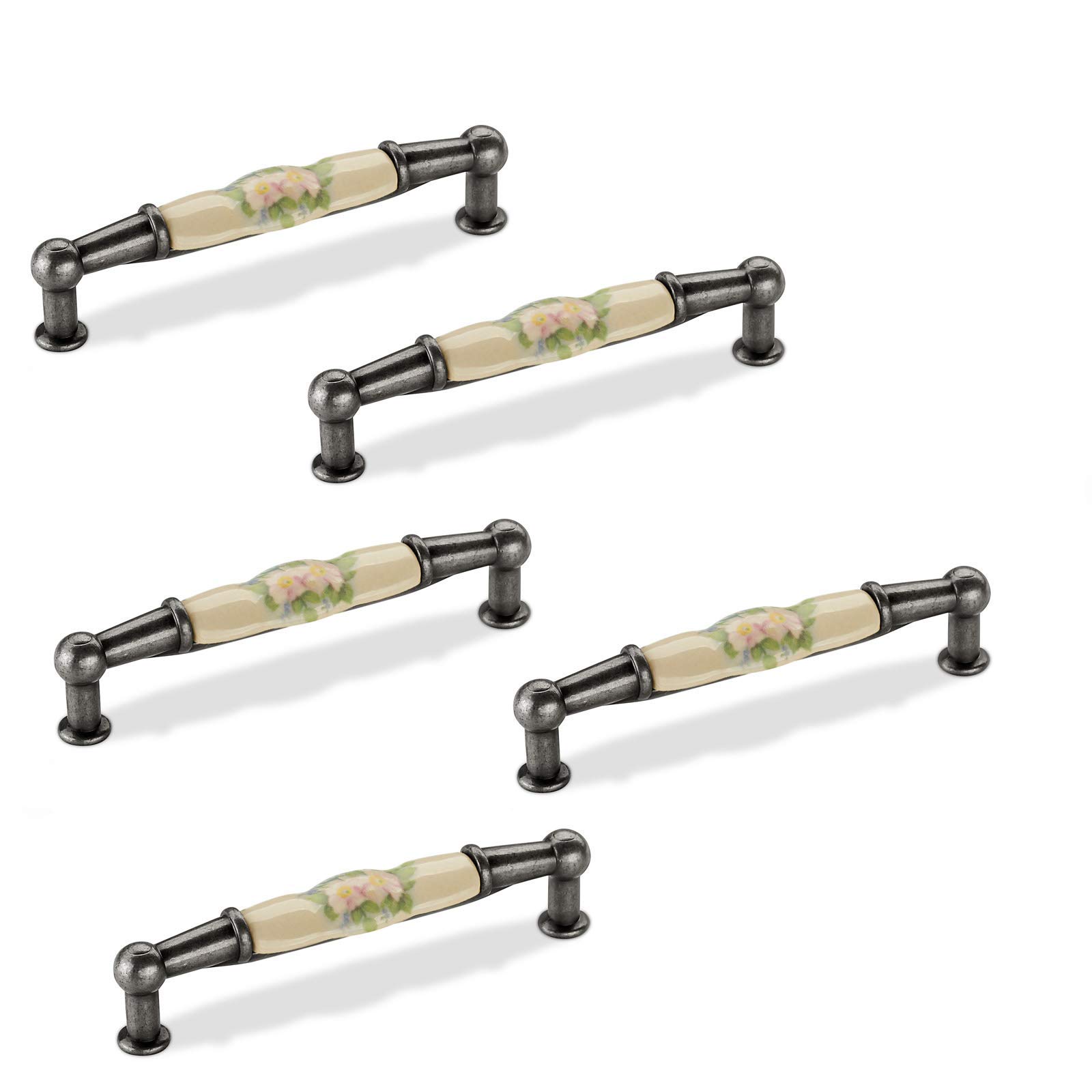 SOTECH 5 x Furniture Handle ETTA Borehole Spacing 96 mm Height 26 mm Porcelain/Old Silver Cream Flower Cottage Handle