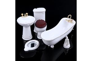 HAIABEI 1:12 Dollhouse Miniature Porcelain Bathroom Set 5 PCS White Ceramic Toilet Basin Bathtub Mirror Miniature Furniture Doll Accessories for Bathroom Cake Topper Toy Fairy House Furniture Miniature Toys