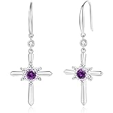 FANCIME Cross Dangle Drop Earrings 925 Sterling Silver Dainty Round Birthstone Earring Fine Jewelry Birthday Gifts for Her Women