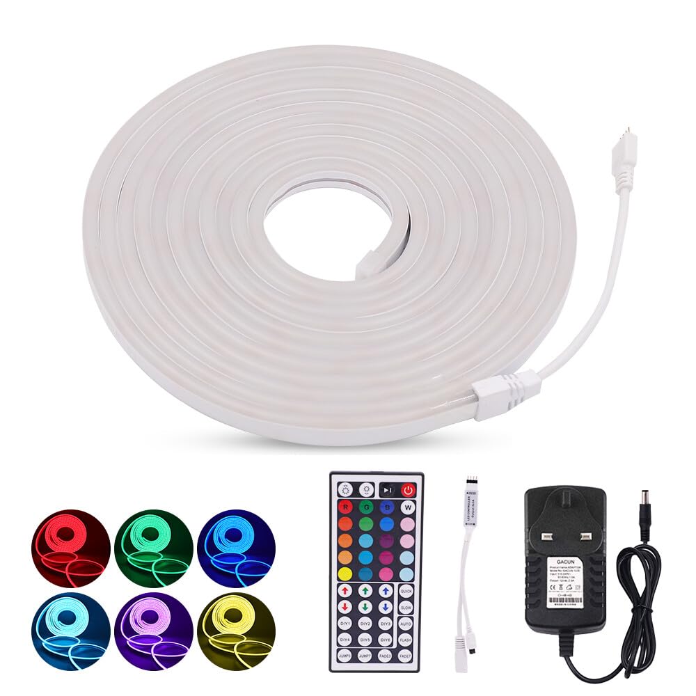 KAFULA 12V Dimmable RGB LED Neon Strip Light with 44-Key Controller, 96 LEDs/m IP65 Waterproof Flexible Cuttable LED Strip CRI85+, for Home and Shop Decoration [3M]