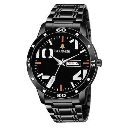 Golden Bell (Label) Enticer Day and Date Calender Analogue Function Chronograph Display Black Dial Steel Chain Mens Watch