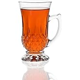 Red Co. 6-Pack Classic Clear Cut Glass 4.5 Oz Footed Turkish Tea Cups with Handles, Etched Design