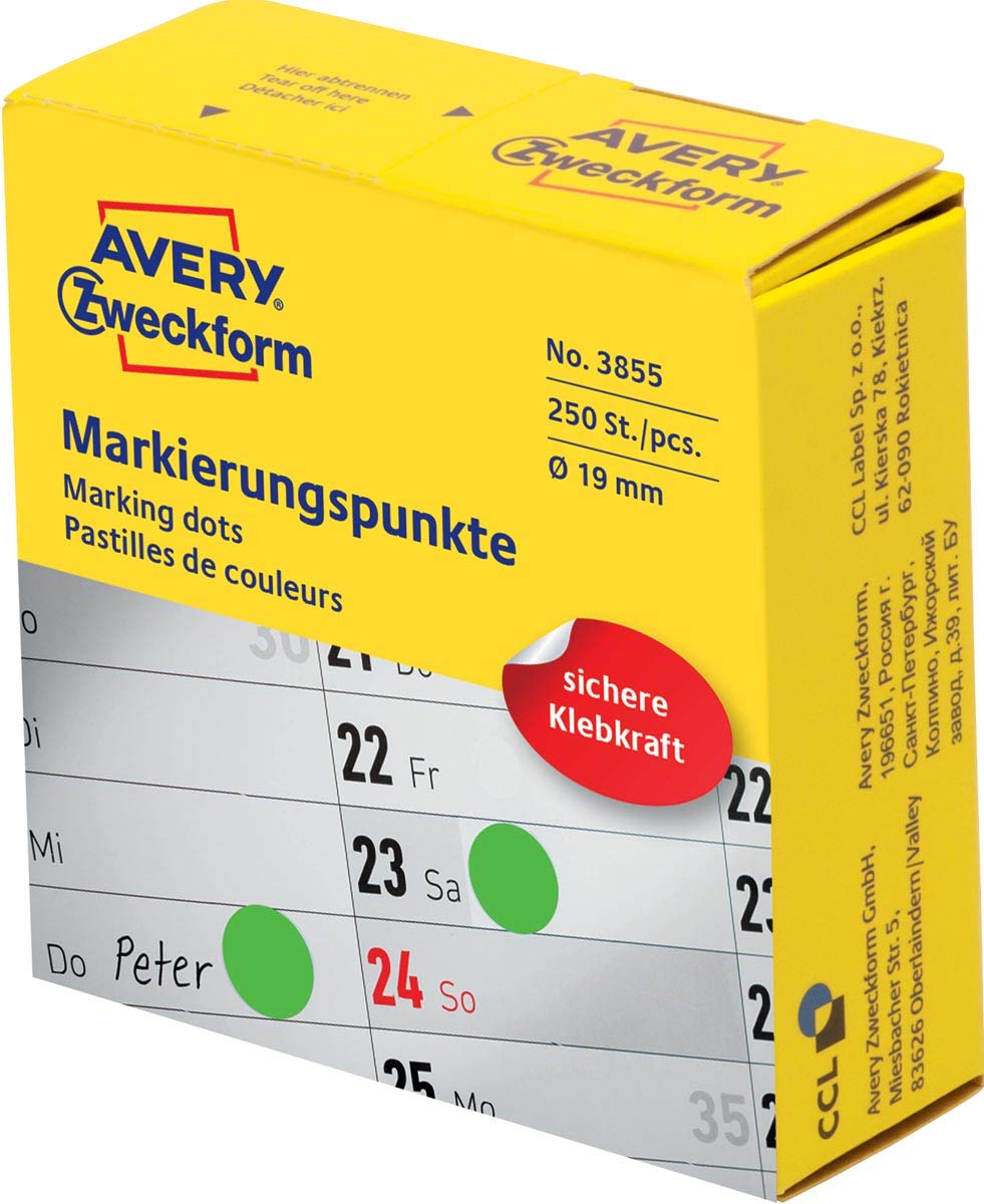 AVERY Zweckform 3855 self-Adhesive Marker dots (Diameter 19 mm, 250 Adhesive dots on a roll in Dispenser, Round Stickers for Calendar, Planners and Crafts), Green