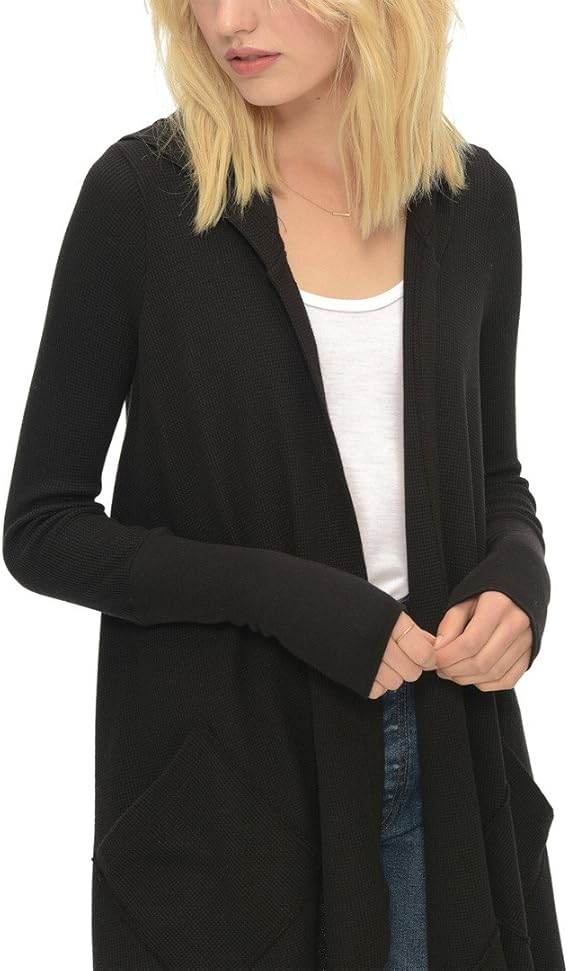 Splendid Women's Thermal Wrap Hooded Cardigan Sweater, Black, XLarge
