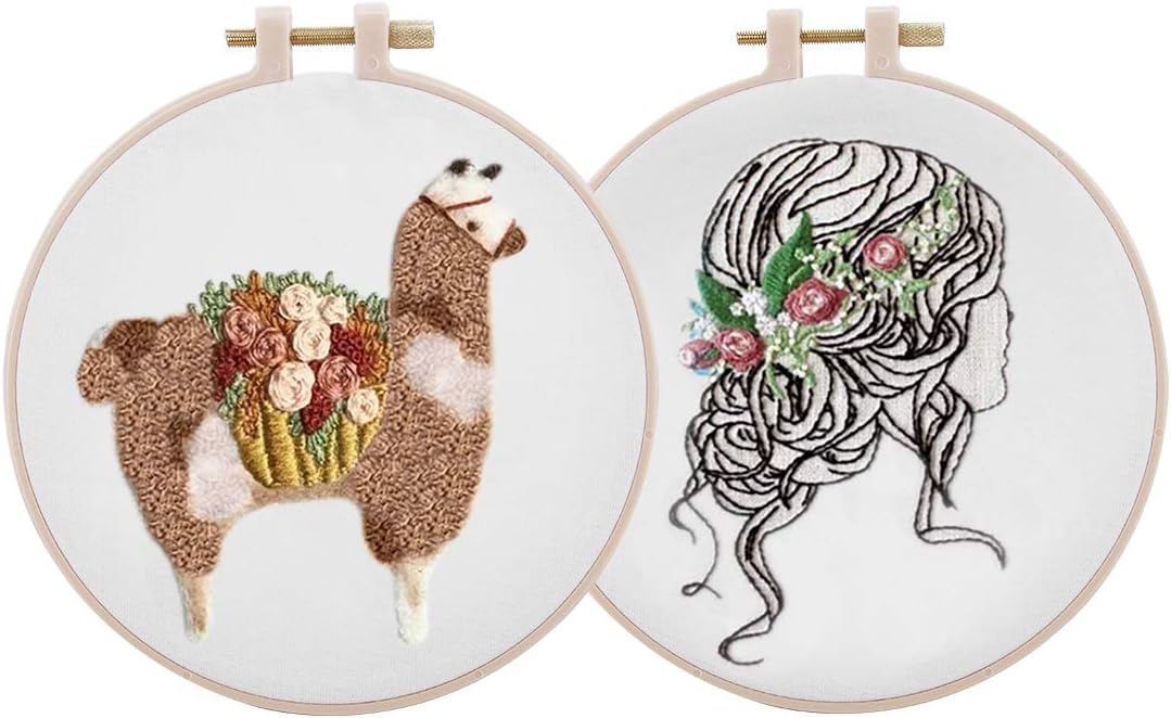 2 Set of Handmade Embroidery Starter Kit with Partten Cross Stitch Kit Including Embroidery Cloth,Bamboo Embroidery Hoop, Color Threads, and Tools Kit for Beginner (#2) …